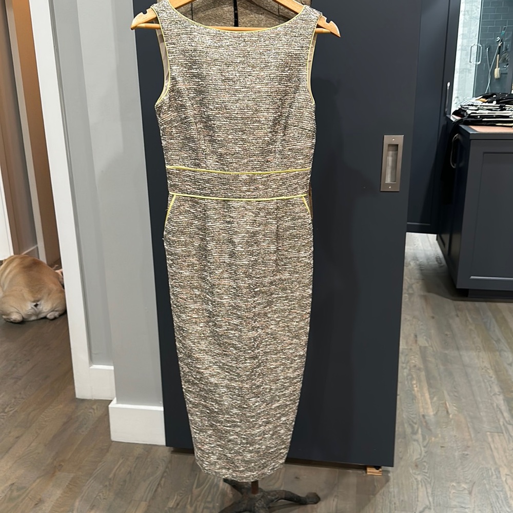 Badgley Mischka gray tweed sheath dress with yellow trim